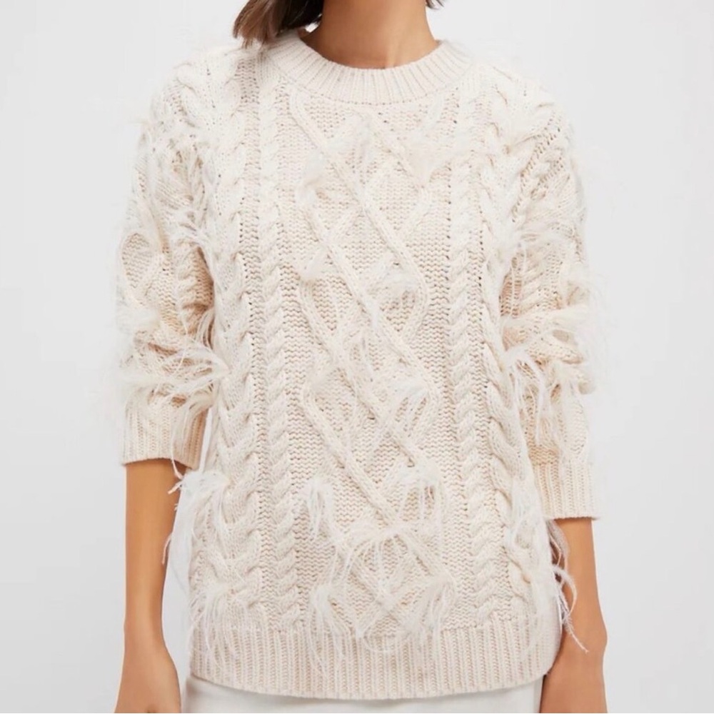 Women’s Ivory Cable-Knit Fringe Crewneck Sweater